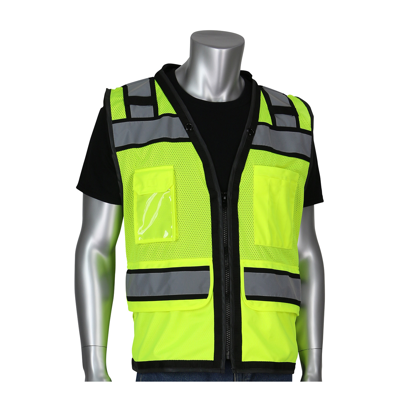 PIP® ANSI Type R Class 2 Black Two-Tone Eleven Pocket Tech-Ready Yellow Mesh Surveyors Vest with `D` Ring Access #302-0800D