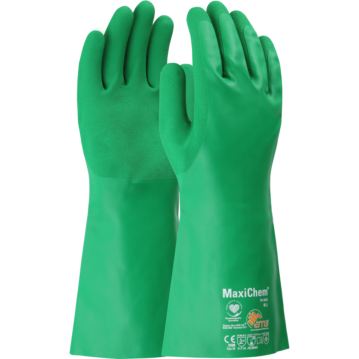 ATG® MaxiChem® 76-830 TRItech Chemical Resistant Green Nitrile Blend Coated Glove with 14″ Gauntlet Cuff