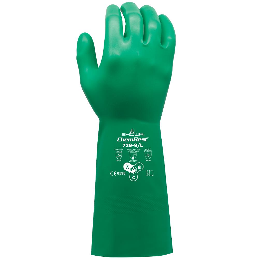 Showa® 729 Green Unlined Nitrile Chemical Gloves, 13-in (15-mil)