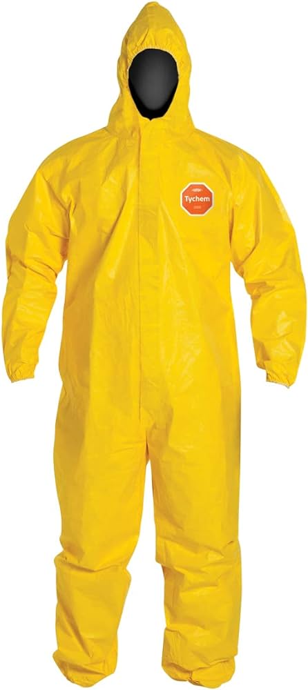 DuPont™ QC127BYL Tychem® 2000 Coverall. Standard Fit Hood, Elastic Wrists and Ankles, Storm Flap with Adhesive Closure. Bound Seams. Yellow.